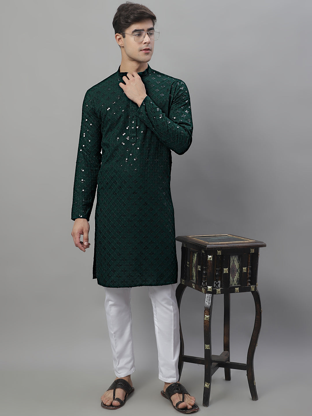 Jompers Men's Olive Green Chikankari Embroidered and Sequence Kurta - Distacart