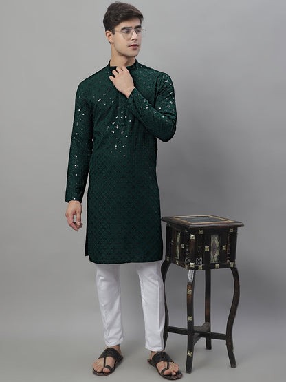 Jompers Men's Olive Green Chikankari Embroidered and Sequence Kurta - Distacart