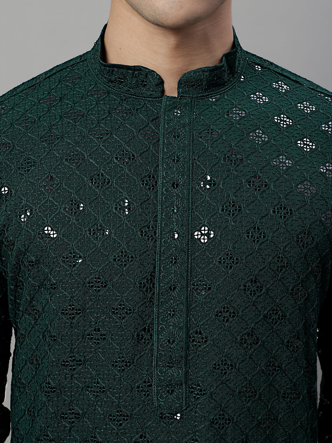 Jompers Men's Olive Green Chikankari Embroidered and Sequence Kurta - Distacart