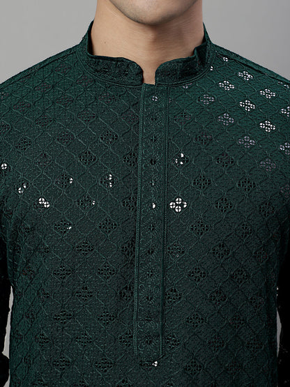Jompers Men's Olive Green Chikankari Embroidered and Sequence Kurta - Distacart