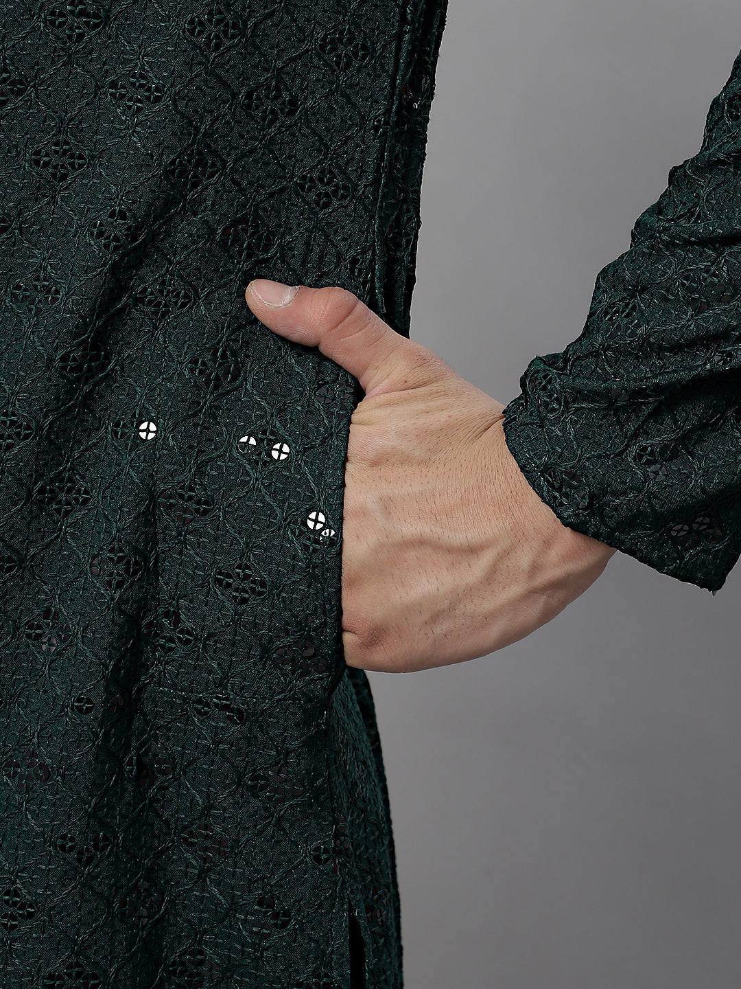 Jompers Men's Olive Green Chikankari Embroidered and Sequence Kurta - Distacart