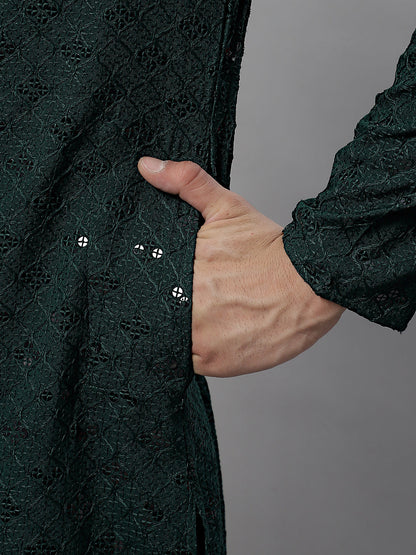 Jompers Men's Olive Green Chikankari Embroidered and Sequence Kurta - Distacart