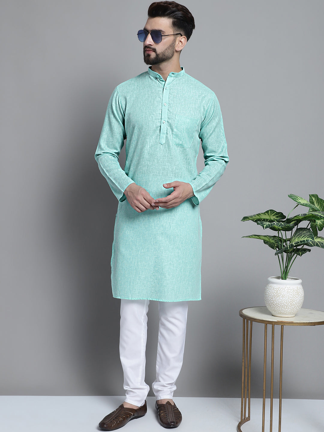 Jompers Men's Solid Pure Cotton Kurta Only - Green - Distacart