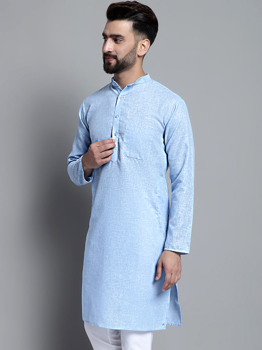 Jompers Men's Solid Pure Cotton Kurta Only - Sky Blue - Distacart