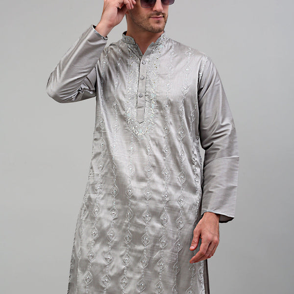 Jompers Men's Grey Embroidered Kurta Only - Distacart