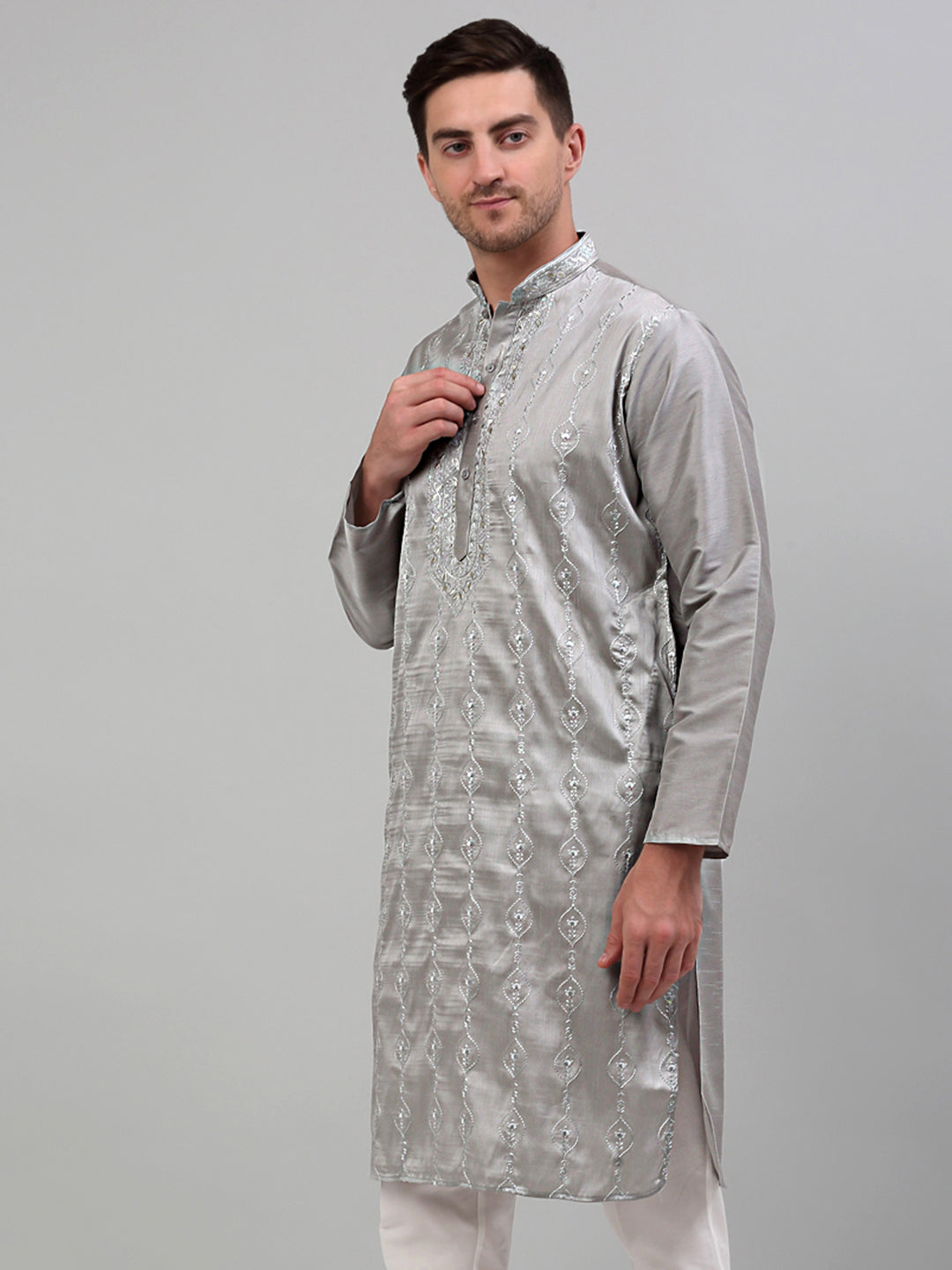 Jompers Men's Grey Embroidered Kurta Only - Distacart