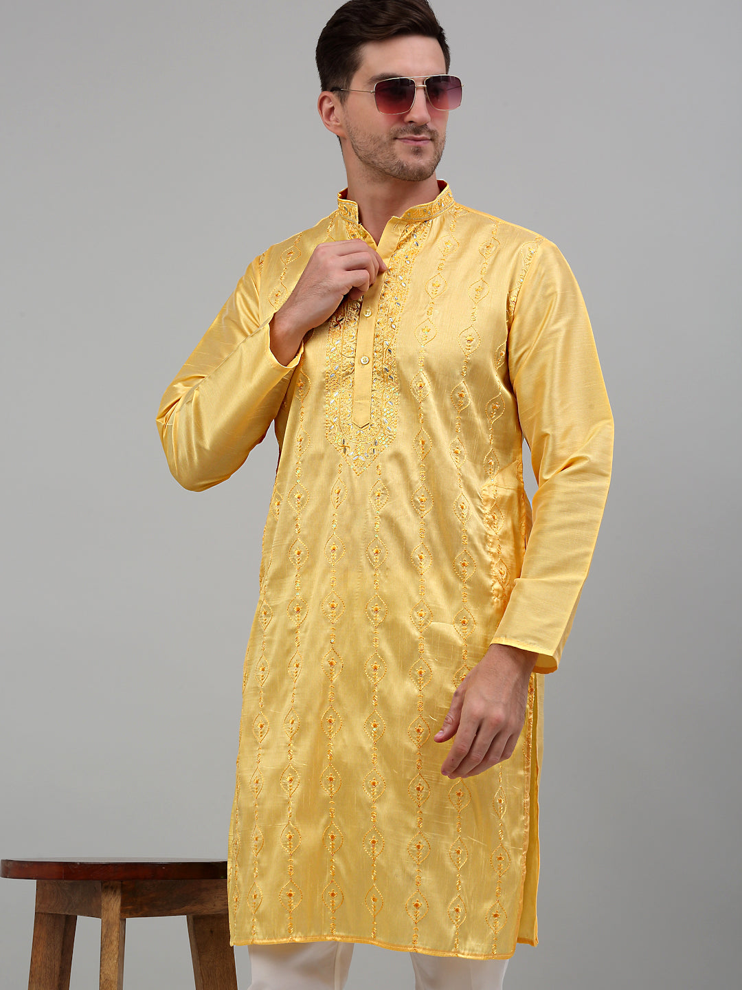 Jompers Men's Yellow Embroidered Kurta Only - Distacart