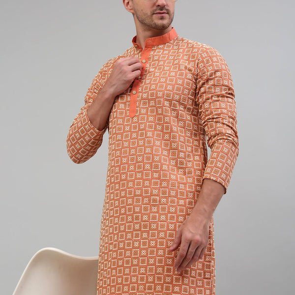 Jompers Men's Peach Embroidered Kurta Only - Distacart