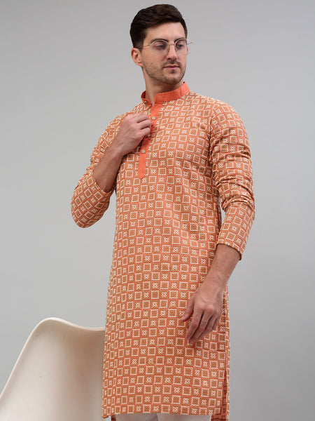 Jompers Men's Peach Embroidered Kurta Only - Distacart