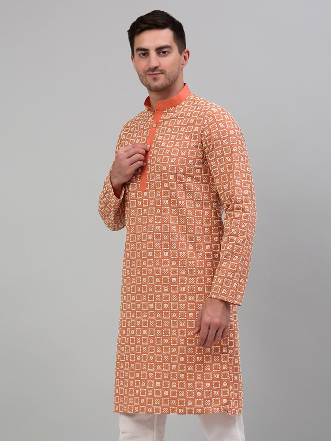Jompers Men's Peach Embroidered Kurta Only - Distacart