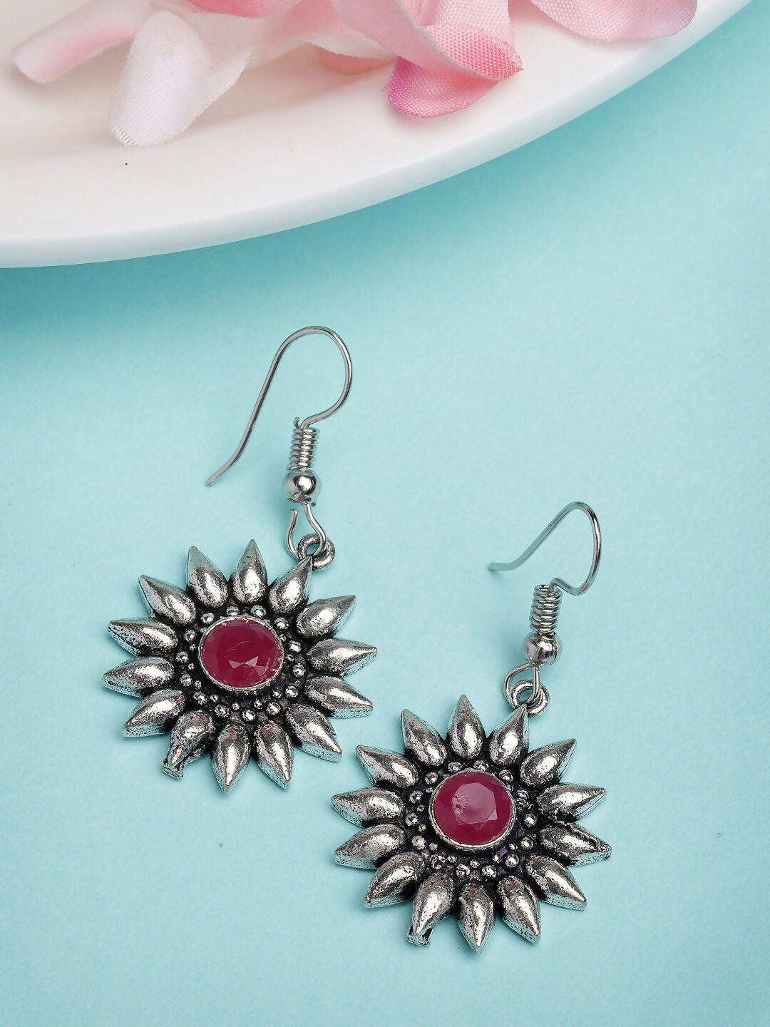 NVR Women's Silver-Toned Artificial Stones German Silver Oxidised Drop Earrings - Distacart