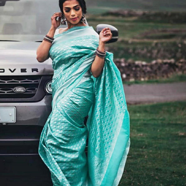 NOZ2TOZ Jacquard Lichi Silk Sky Blue Saree With Unstitched Blouse Piece - Distacart