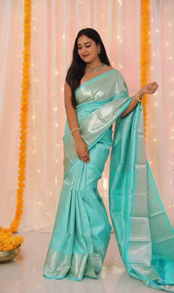 NOZ2TOZ Jacquard Lichi Silk Sky Blue Saree With Unstitched Blouse Piece - Distacart