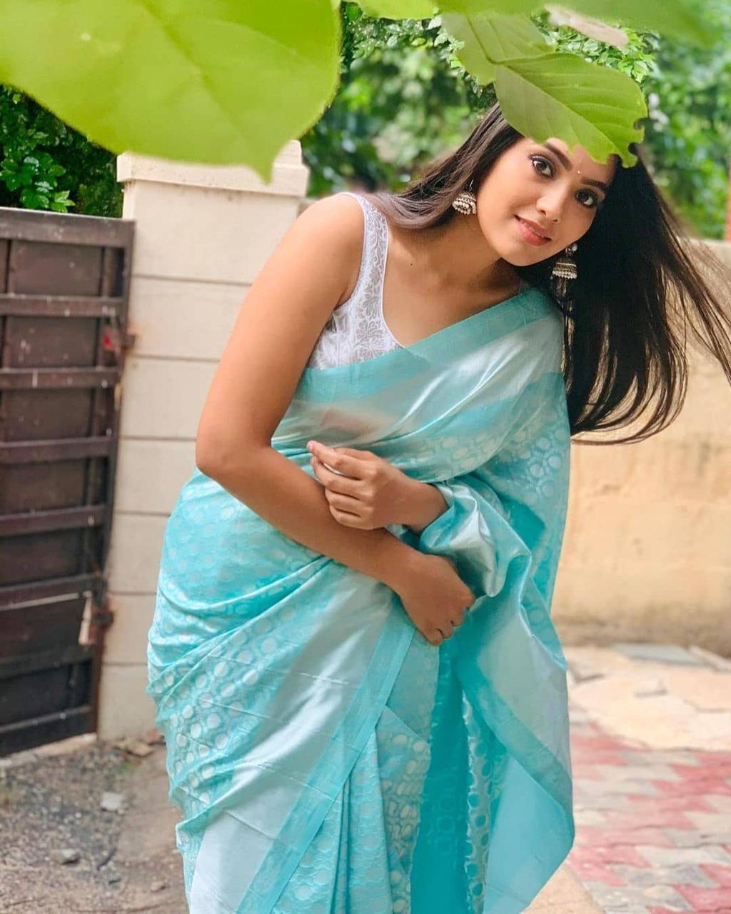 NOZ2TOZ Jacquard Lichi Silk Sky Blue Saree With Unstitched Blouse Piece - Distacart