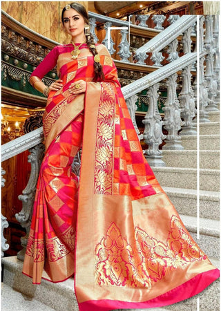 NOZ2TOZ Jacquard Lichi Silk Pink Saree With Unstitched Blouse Piece - Distacart
