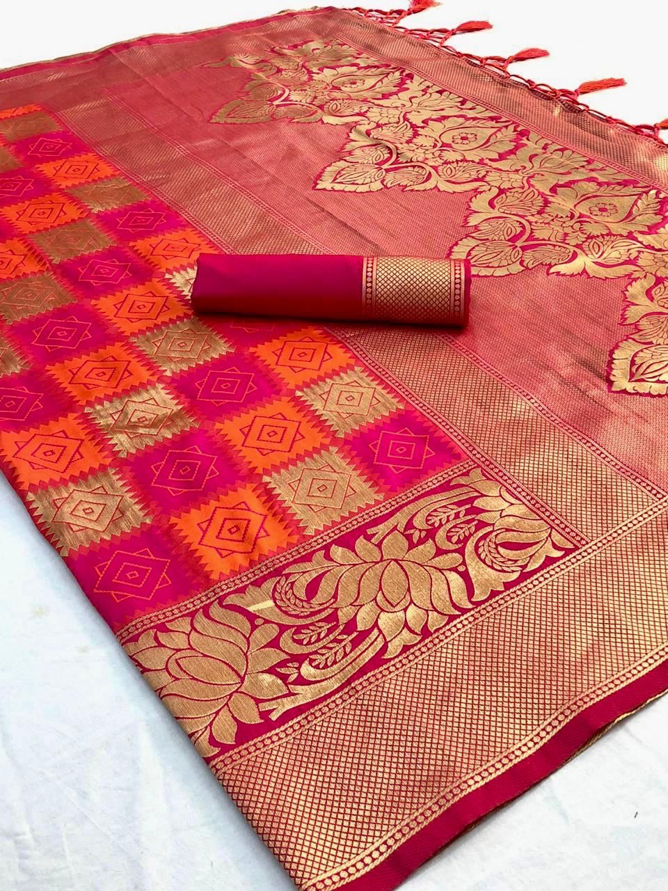 NOZ2TOZ Jacquard Lichi Silk Pink Saree With Unstitched Blouse Piece - Distacart