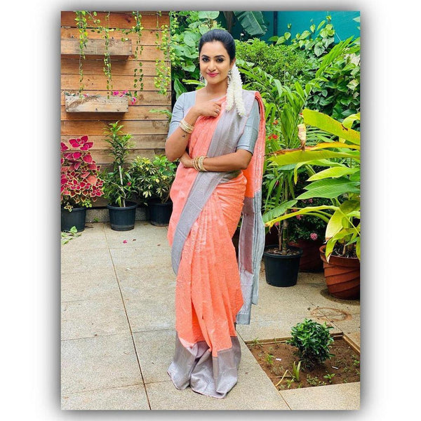 NOZ2TOZ Jacquard Lichi Silk Peach Saree With Unstitched Blouse Piece - Distacart