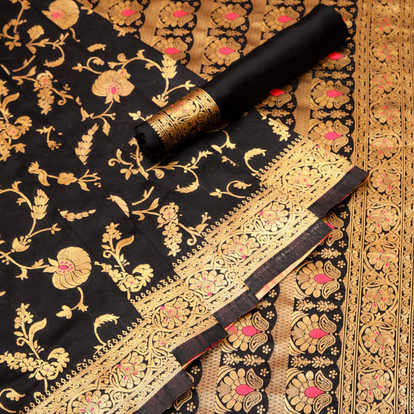 NOZ2TOZ Jacquard Lichi Silk Black Saree With Unstitched Blouse Piece - Distacart