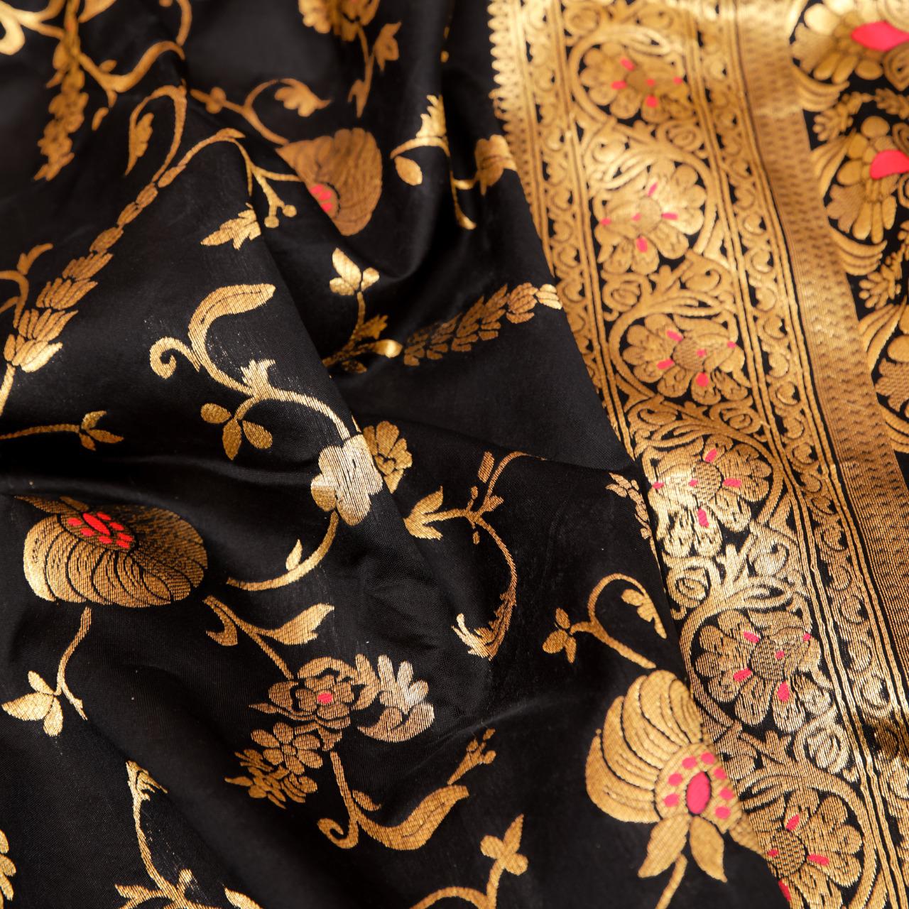 NOZ2TOZ Jacquard Lichi Silk Black Saree With Unstitched Blouse Piece - Distacart