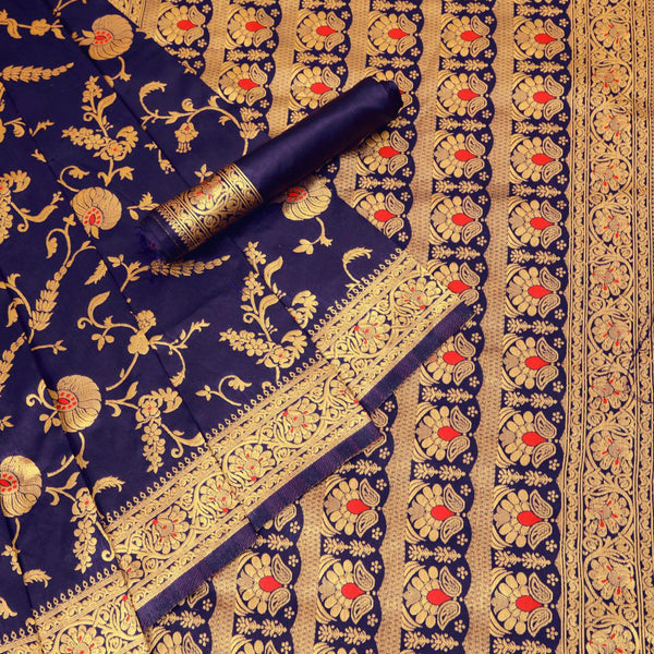 NOZ2TOZ Jacquard Lichi Silk Blue Saree With Unstitched Blouse Piece - Distacart