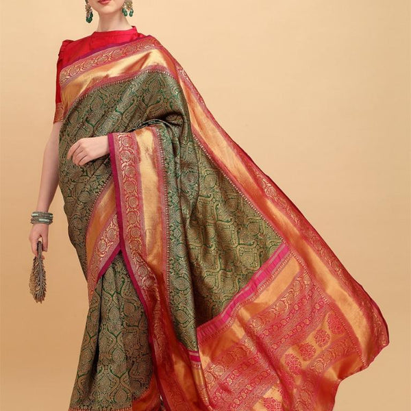 NOZ2TOZ Jacquard Lichi Silk Green Saree With Unstitched Blouse Piece - Distacart
