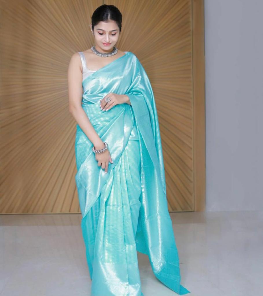 NOZ2TOZ Jacquard Lichi Silk Sky Blue Saree With Unstitched Blouse Piece - Distacart