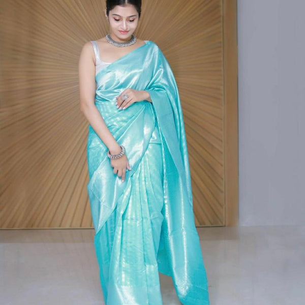 NOZ2TOZ Jacquard Lichi Silk Sky Blue Saree With Unstitched Blouse Piece - Distacart