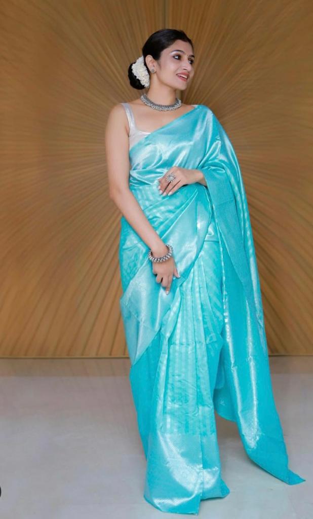 NOZ2TOZ Jacquard Lichi Silk Sky Blue Saree With Unstitched Blouse Piece - Distacart