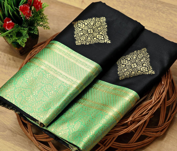 NOZ2TOZ Jacquard Lichi Silk Black Saree With Unstitched Blouse Piece - Distacart