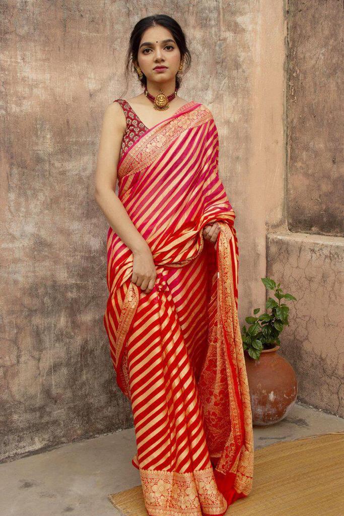 NOZ2TOZ Jacquard Lichi Silk Red Saree With Unstitched Blouse Piece - Distacart