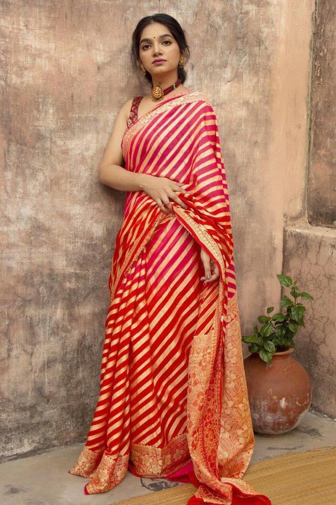 NOZ2TOZ Jacquard Lichi Silk Red Saree With Unstitched Blouse Piece - Distacart