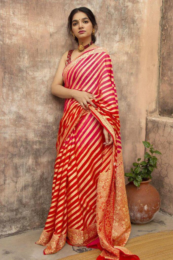 NOZ2TOZ Jacquard Lichi Silk Red Saree With Unstitched Blouse Piece - Distacart