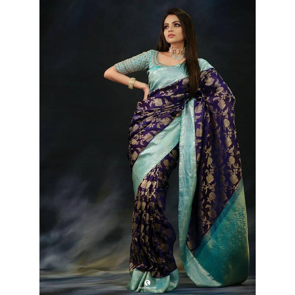 NOZ2TOZ Jacquard Lichi Silk Blue Saree With Unstitched Blouse Piece - Distacart
