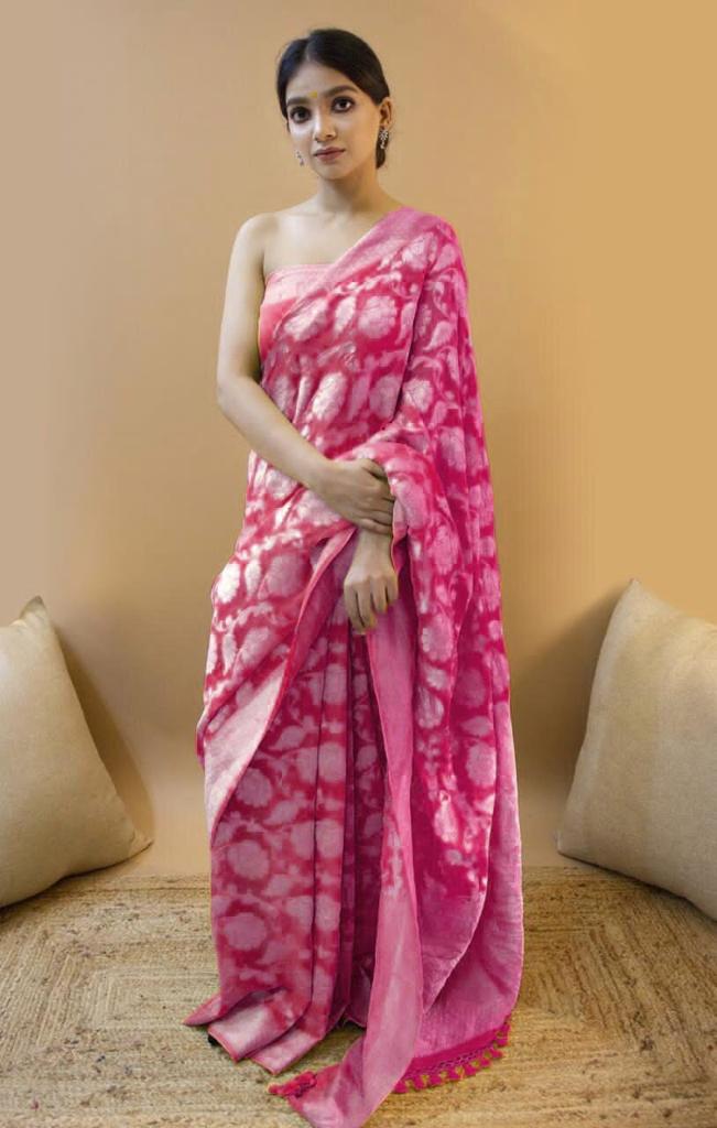 NOZ2TOZ Jacquard Lichi Silk Pink Saree With Unstitched Blouse Piece - Distacart