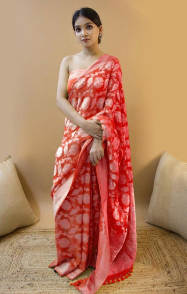 NOZ2TOZ Jacquard Lichi Silk Red Saree With Unstitched Blouse Piece - Distacart