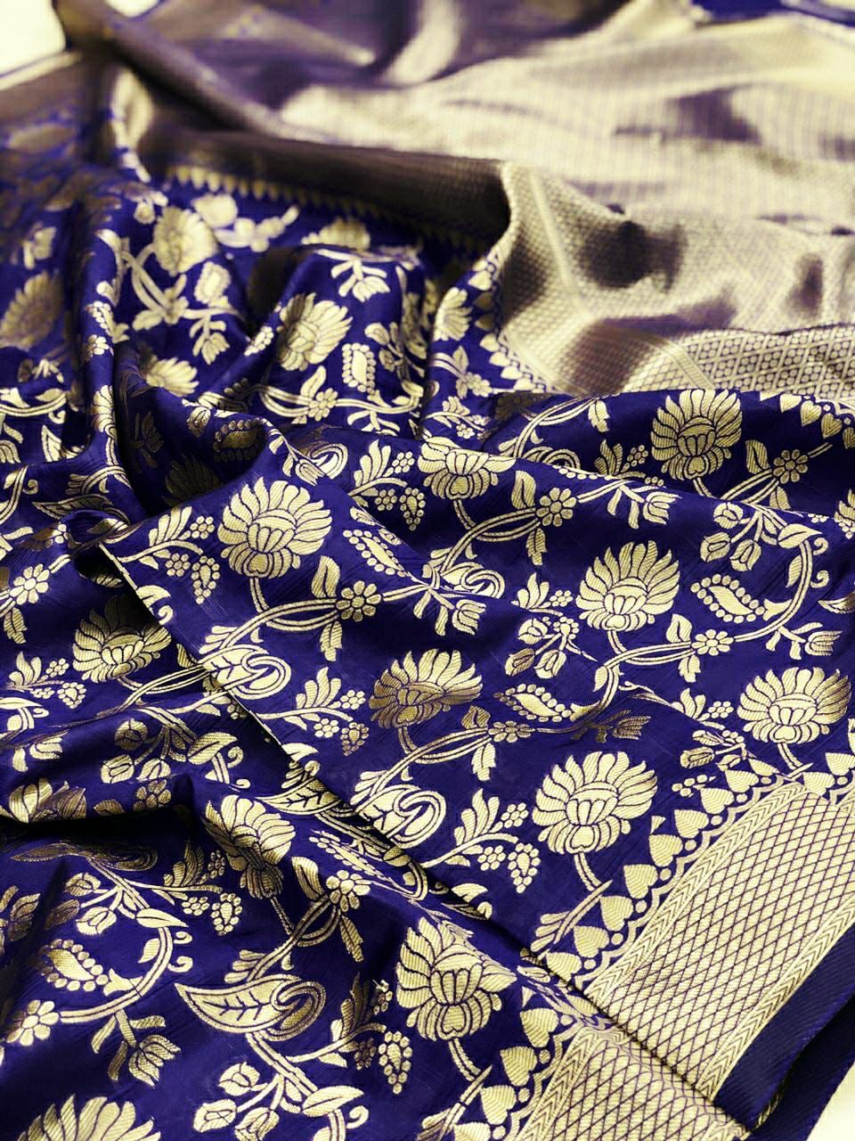 NOZ2TOZ Jacquard Lichi Silk Blue Saree With Unstitched Blouse Piece - Distacart