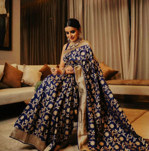 NOZ2TOZ Jacquard Lichi Silk Blue Saree With Unstitched Blouse Piece - Distacart