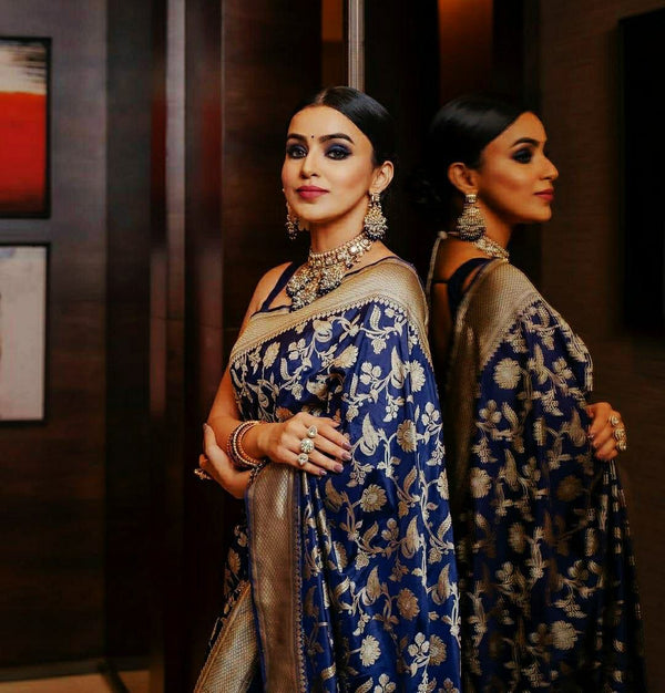 NOZ2TOZ Jacquard Lichi Silk Blue Saree With Unstitched Blouse Piece - Distacart