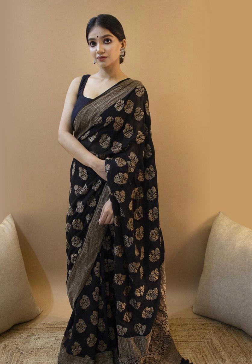 NOZ2TOZ Jacquard Lichi Silk Black Saree With Unstitched Blouse Piece - Distacart