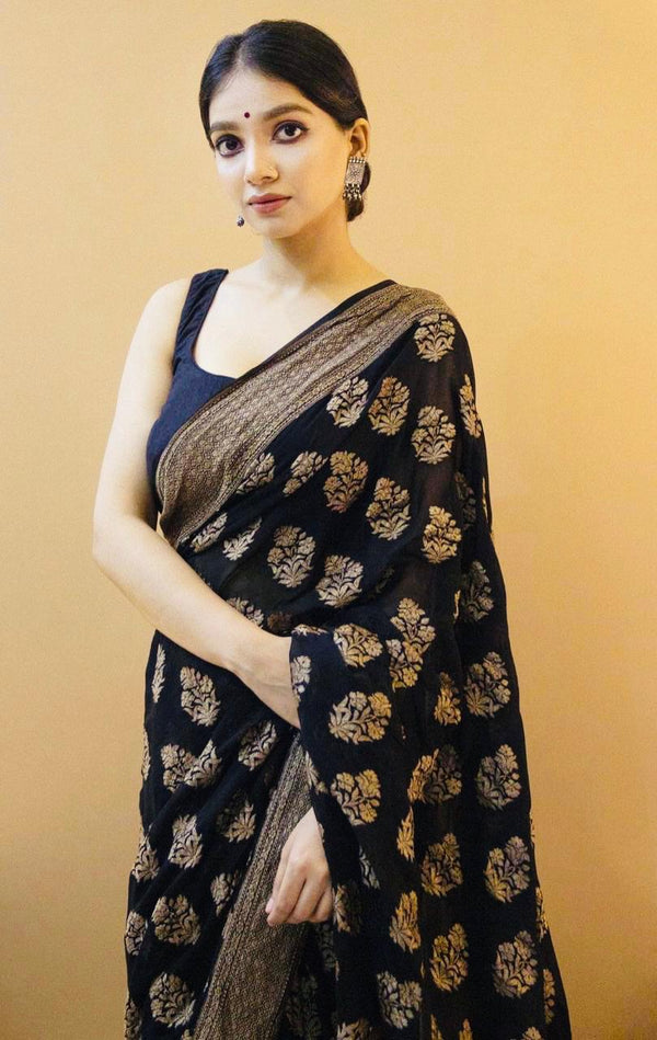 NOZ2TOZ Jacquard Lichi Silk Black Saree With Unstitched Blouse Piece - Distacart