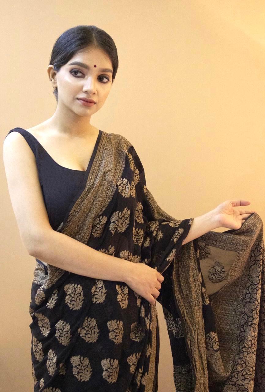 NOZ2TOZ Jacquard Lichi Silk Black Saree With Unstitched Blouse Piece - Distacart