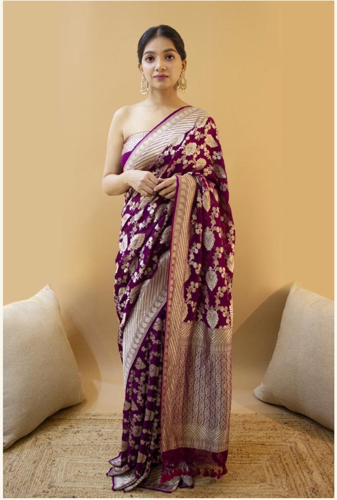 NOZ2TOZ Jacquard Lichi Silk Wine Saree With Unstitched Blouse Piece - Distacart