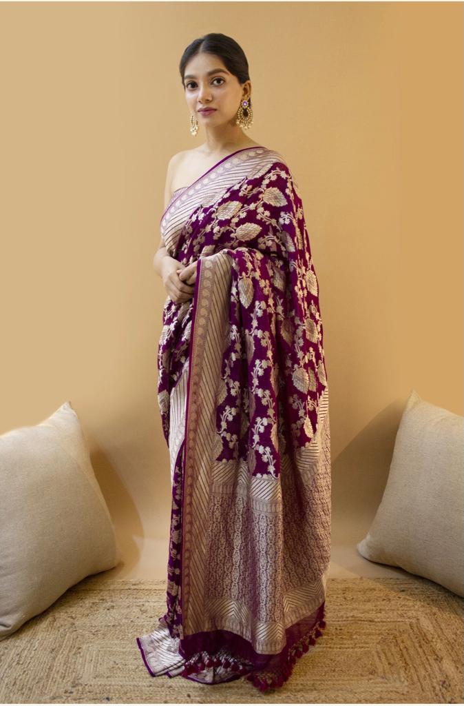 NOZ2TOZ Jacquard Lichi Silk Wine Saree With Unstitched Blouse Piece - Distacart