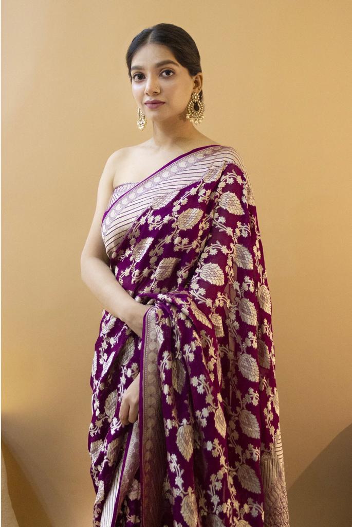 NOZ2TOZ Jacquard Lichi Silk Wine Saree With Unstitched Blouse Piece - Distacart