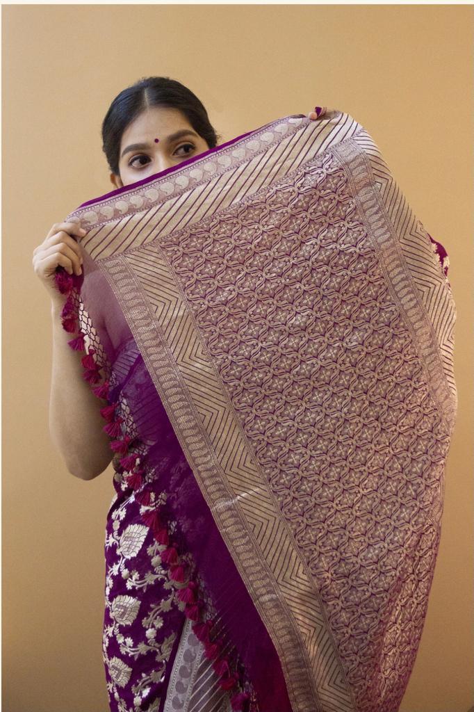 NOZ2TOZ Jacquard Lichi Silk Wine Saree With Unstitched Blouse Piece - Distacart