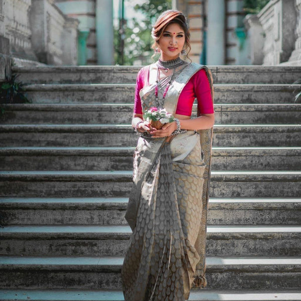 NOZ2TOZ Jacquard Lichi Silk Grey Saree With Unstitched Blouse Piece - Distacart