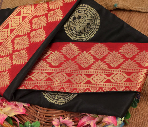 NOZ2TOZ Jacquard Lichi Silk Black Saree With Unstitched Blouse Piece - Distacart