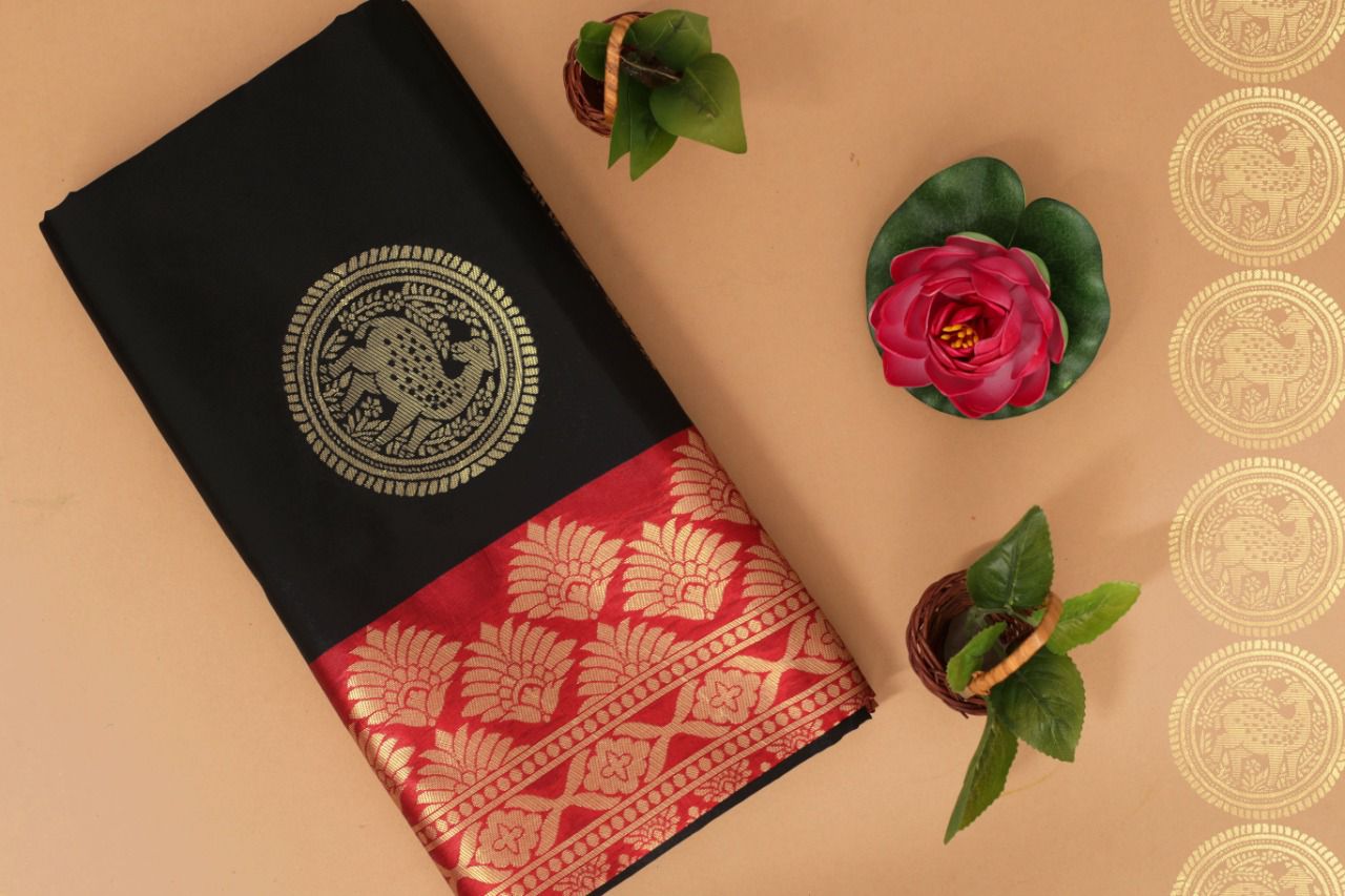 NOZ2TOZ Jacquard Lichi Silk Black Saree With Unstitched Blouse Piece - Distacart