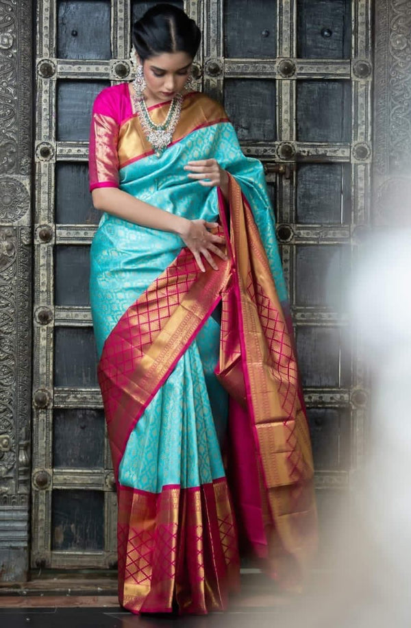 NOZ2TOZ Jacquard Lichi Silk Sky Blue Saree With Unstitched Blouse Piece - Distacart