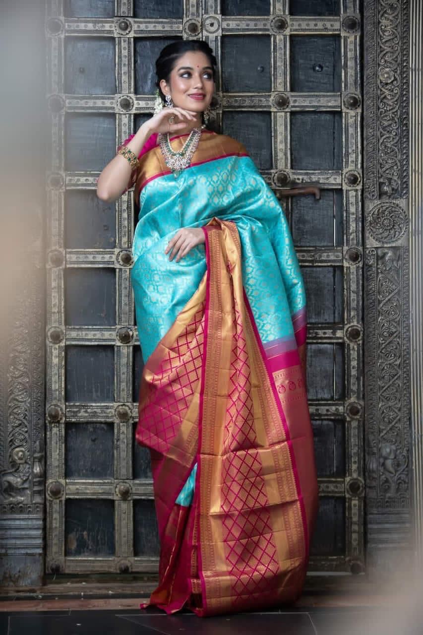 NOZ2TOZ Jacquard Lichi Silk Sky Blue Saree With Unstitched Blouse Piece - Distacart